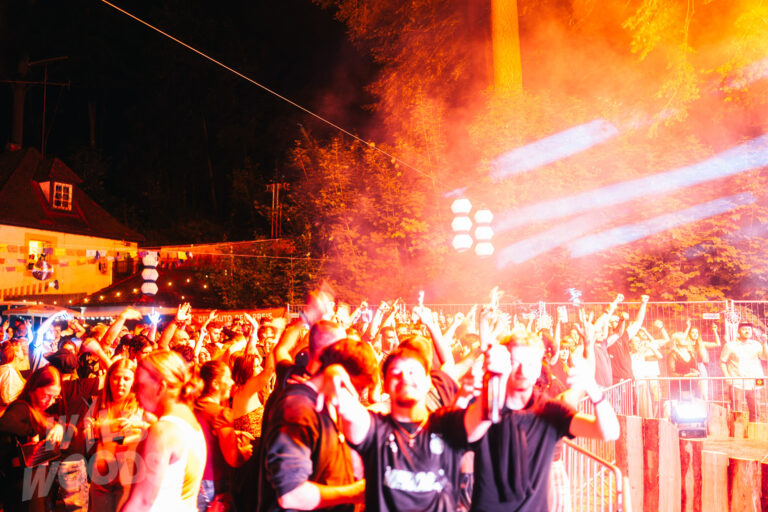 Beim Wild Woods Festival im Märchenwald tanzt das Publikum vor orangefarbenen Lichtstrahlen und Nebel – kraftvolle Lichtshow bei Nacht.