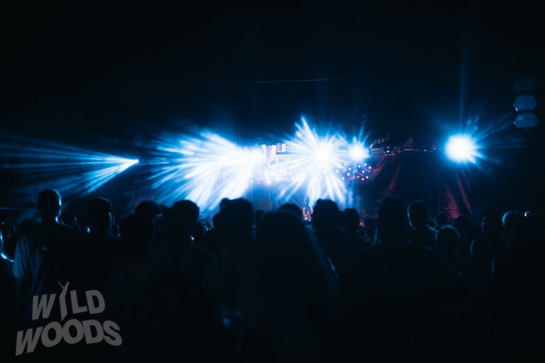 Bei Wild Woods Festival tauchen blaue Laserstrahlen und starke Lichtkegel die Nachtbühne in Szene, davor stehen die Crowd-Silhouetten.