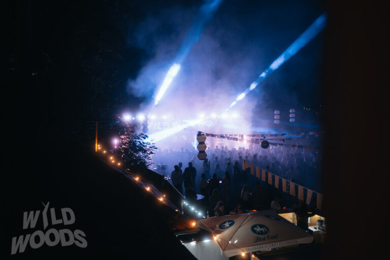 Im Märchenwald von Wild Woods: blaues Licht, Nebel und eine volle Tanzfläche, während die Lichtshow die Menge bei Nacht in Bewegung bringt.