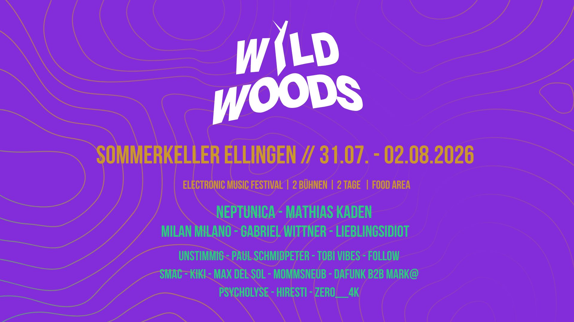 Wild Woods Festival 2026 steht auf violettem Hintergrund mit topografischen Linien, Sommerkeller Ellingen und mehreren Acts im Line-up.